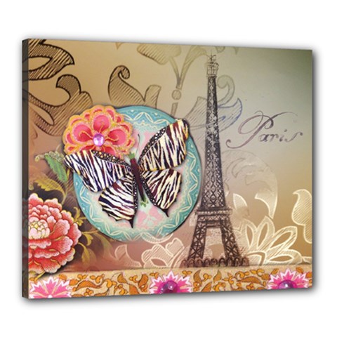 Fuschia Flowers Butterfly Eiffel Tower Vintage Paris Fashion Canvas 24  X 20  (framed) by chicelegantboutique