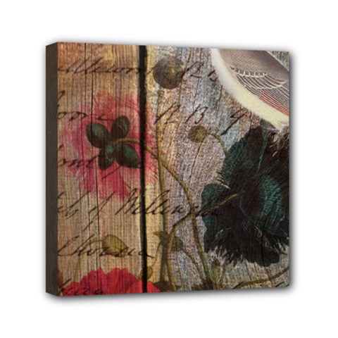 Vintage Bird Poppy Flower Botanical Art Mini Canvas 6  X 6  (framed) by chicelegantboutique