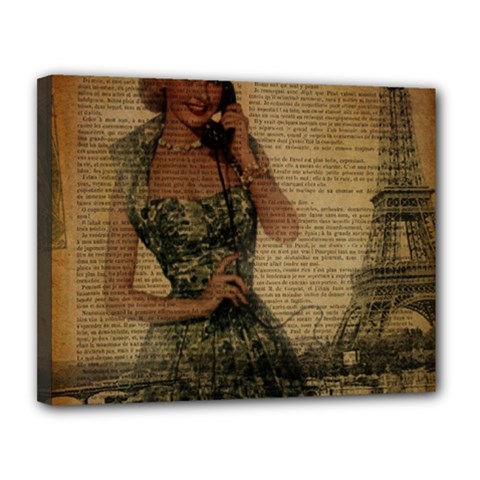 Retro Telephone Lady Vintage Newspaper Print Pin Up Girl Paris Eiffel Tower Canvas 14  X 11  (framed) by chicelegantboutique