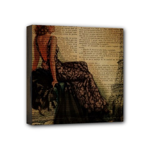 Elegant Evening Gown Lady Vintage Newspaper Print Pin Up Girl Paris Eiffel Tower Mini Canvas 4  X 4  (framed) by chicelegantboutique