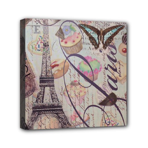 French Pastry Vintage Scripts Floral Scripts Butterfly Eiffel Tower Vintage Paris Fashion Mini Canvas 6  X 6  (framed) by chicelegantboutique