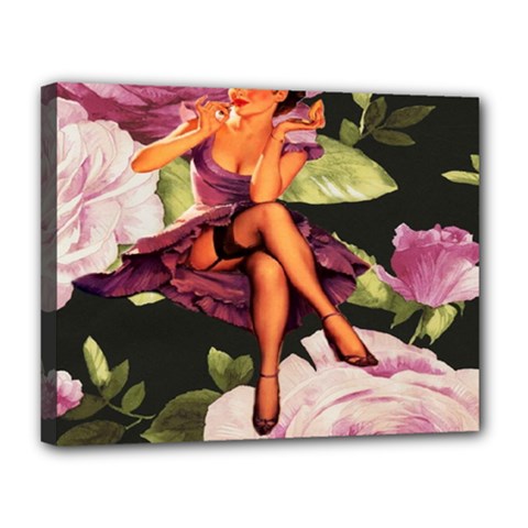 Cute Gil Elvgren Purple Dress Pin Up Girl Pink Rose Floral Art Canvas 14  X 11  (framed) by chicelegantboutique