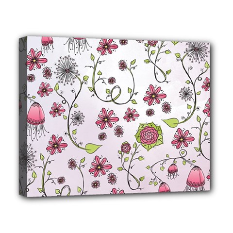 Pink Whimsical Flowers On Pink Deluxe Canvas 20  X 16  (framed) by Zandiepants