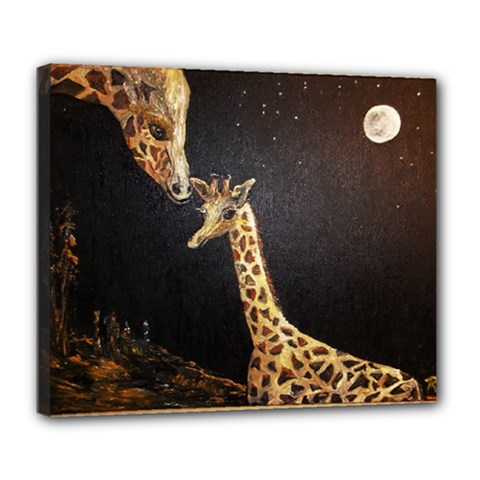 Baby Giraffe And Mom Under The Moon Deluxe Canvas 24  X 20  (framed) by rokinronda