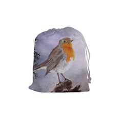 Robin On Log Drawstring Pouch (medium) by ArtByThree