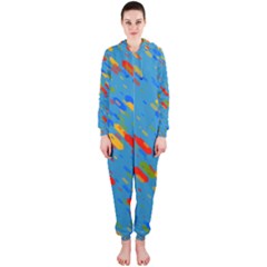 Colorful Shapes On A Blue Background Hooded Onepiece Jumpsuit (ladies) by LalyLauraFLM