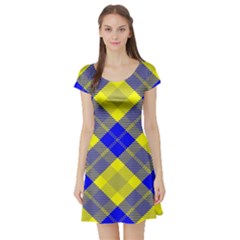 Smart Plaid Blue Yellow Short Sleeve Skater Dresses by ImpressiveMoments