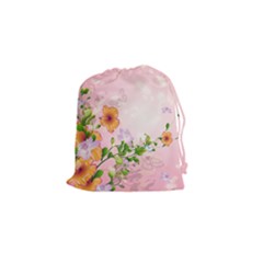 Beautiful Flowers On Soft Pink Background Drawstring Pouches (small)  by FantasyWorld7