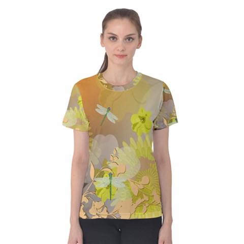 Beautiful Yellow Flowers With Dragonflies Women s Cotton Tees by FantasyWorld7