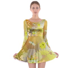 Beautiful Yellow Flowers With Dragonflies Long Sleeve Skater Dress by FantasyWorld7