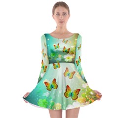 Flowers With Wonderful Butterflies Long Sleeve Skater Dress by FantasyWorld7