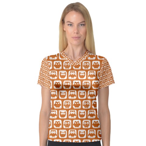 Orange And White Owl Pattern Women s V-neck Sport Mesh Tee by GardenOfOphir