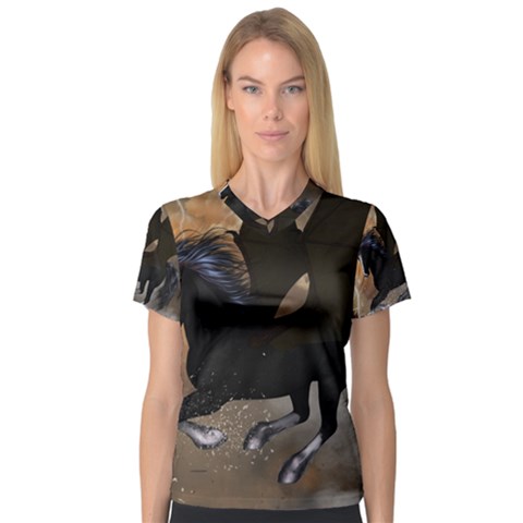 Awesome Dark Unicorn With Clouds Women s V-neck Sport Mesh Tee by FantasyWorld7