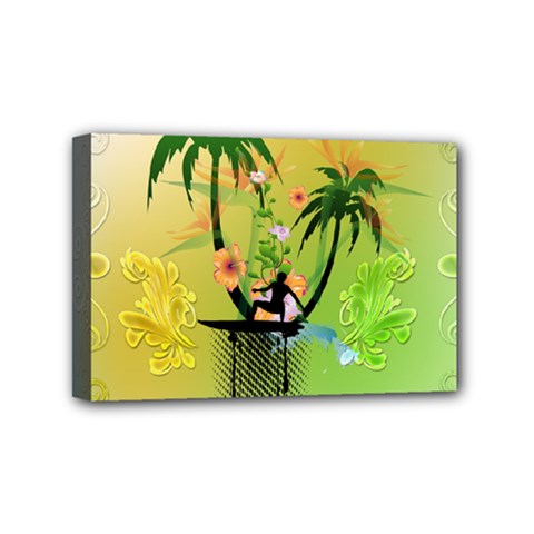 Surfing, Surfboarder With Palm And Flowers And Decorative Floral Elements Mini Canvas 6  X 4  by FantasyWorld7