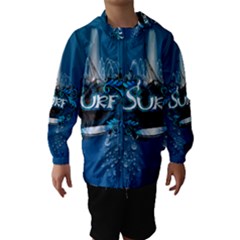 Surf, Surfboard With Water Drops On Blue Background Hooded Wind Breaker (kids) by FantasyWorld7