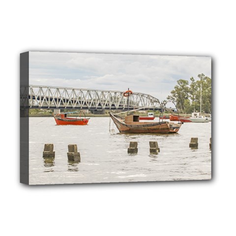 Boats At Santa Lucia River In Montevideo Uruguay Deluxe Canvas 18  X 12   by dflcprints