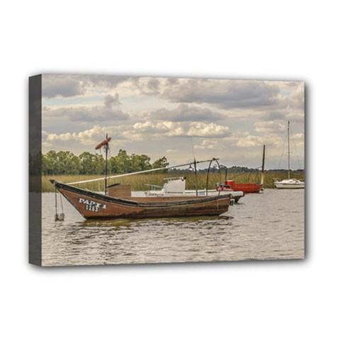 Fishing And Sailboats At Santa Lucia River In Montevideo Deluxe Canvas 18  X 12   by dflcprints