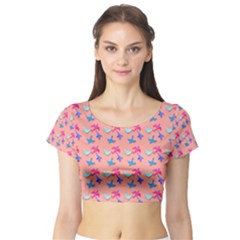 Birds Pattern On Pink Background Short Sleeve Crop Top by LovelyDesigns4U