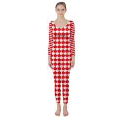 Red And White Scallop Repeat Pattern Long Sleeve Catsuit by PaperandFrill