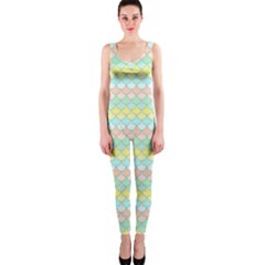 Scallop Repeat Pattern In Miami Pastel Aqua, Pink, Mint And Lemon Onepiece Catsuits by PaperandFrill