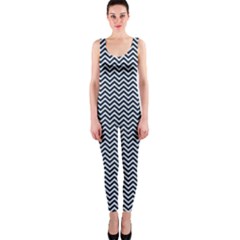 Blue And White Chevron Wavy Zigzag Stripes Onepiece Catsuits by PaperandFrill