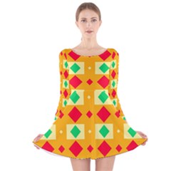 Green Red Yellow Rhombus Pattern Long Sleeve Velvet Skater Dress by LalyLauraFLM