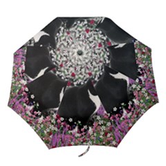 Freckles In Flowers Ii, Black White Tux Cat Folding Umbrellas by DianeClancy