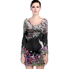 Freckles In Flowers Ii, Black White Tux Cat Long Sleeve Bodycon Dress by DianeClancy