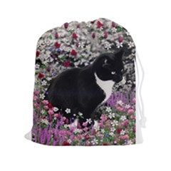 Freckles In Flowers Ii, Black White Tux Cat Drawstring Pouches (xxl) by DianeClancy