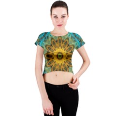 Blue Yellow Ocean Star Flower Mandala Crew Neck Crop Top by Zandiepants