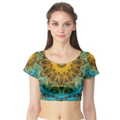 Blue Yellow Ocean Star Flower Mandala Short Sleeve Crop Top (tight Fit) by Zandiepants