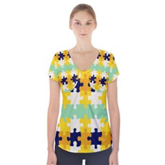 Puzzle Pieces      Short Sleeve Front Detail Top by LalyLauraFLM