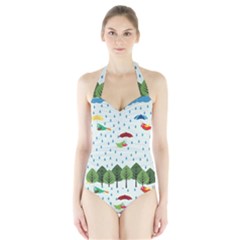 Birds In The Rain Halter Swimsuit by justynapszczolka