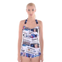 Hillary 2016 Historic Newspaper Collage Boyleg Halter Swimsuit  by blueamerica