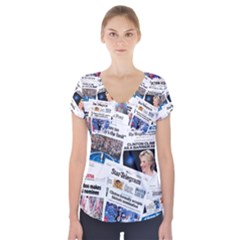 Hillary 2016 Historic Newspaper Collage Short Sleeve Front Detail Top by blueamerica