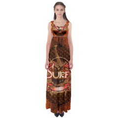 Surfing, Surfboard With Floral Elements  And Grunge In Red, Black Colors Empire Waist Maxi Dress by FantasyWorld7