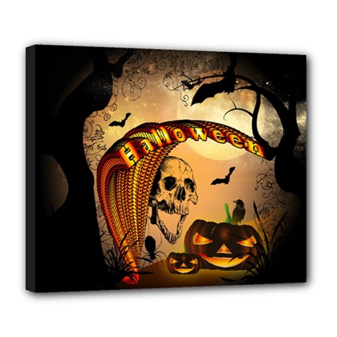 Halloween, Funny Pumpkin With Skull And Spider In The Night Deluxe Canvas 24  X 20   by FantasyWorld7