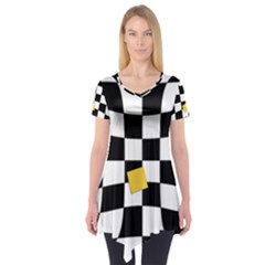 Dropout Yellow Black And White Distorted Check Short Sleeve Tunic  by designworld65