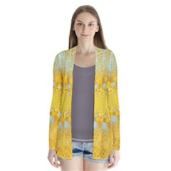 Gold Blue Abstract Blossom Drape Collar Cardigan by designworld65