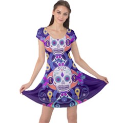 Día De Los Muertos Skull Ornaments Multicolored Cap Sleeve Dresses by EDDArt