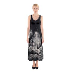 Nativity Scene Birth Of Jesus With Virgin Mary And Angels Black And White Litograph Sleeveless Maxi Dress by yoursparklingshop