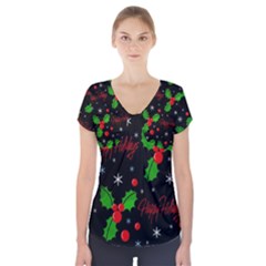 Happy Holidays Pattern Short Sleeve Front Detail Top by Valentinaart