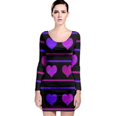 Purple And Magenta Harts Pattern Long Sleeve Bodycon Dress by Valentinaart