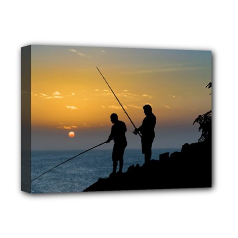 Two Men Fishing At Shore Deluxe Canvas 16  X 12   by dflcprints