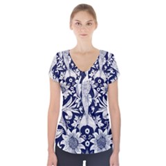 Deep Blue Flower Short Sleeve Front Detail Top by Brittlevirginclothing