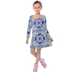 Ceramic Portugal Tiles Wall Kids  Long Sleeve Velvet Dress by Amaryn4rt