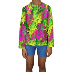 Flowers Chaos In Green, Yellow And Pinks Kids  Long Sleeve Swimwear by traceyleeartdesigns