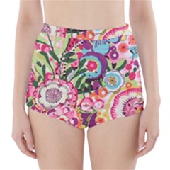 Colorful Flower Pattern High-waisted Bikini Bottoms by Brittlevirginclothing