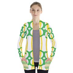 Green Yellow Shapes                                Women s Open Front Pockets Cardigan by LalyLauraFLM