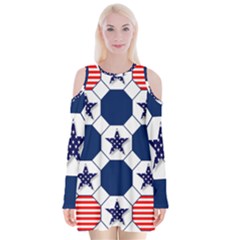 Patriotic Symbolic Red White Blue Velvet Long Sleeve Shoulder Cutout Dress by Nexatart